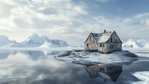 Isolated Wooden Structure on Frozen Water
