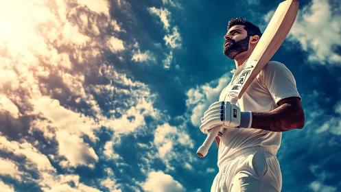 Cricket batsman studies sky under intense midday sun.