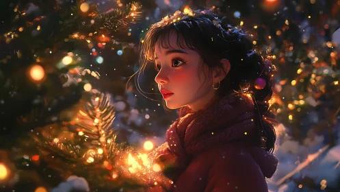 Soft winter lights glow gently around a girl in wonder