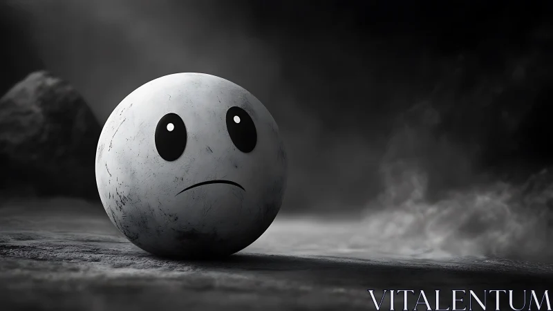 Monochrome spherical emoticon on misty ground surface.