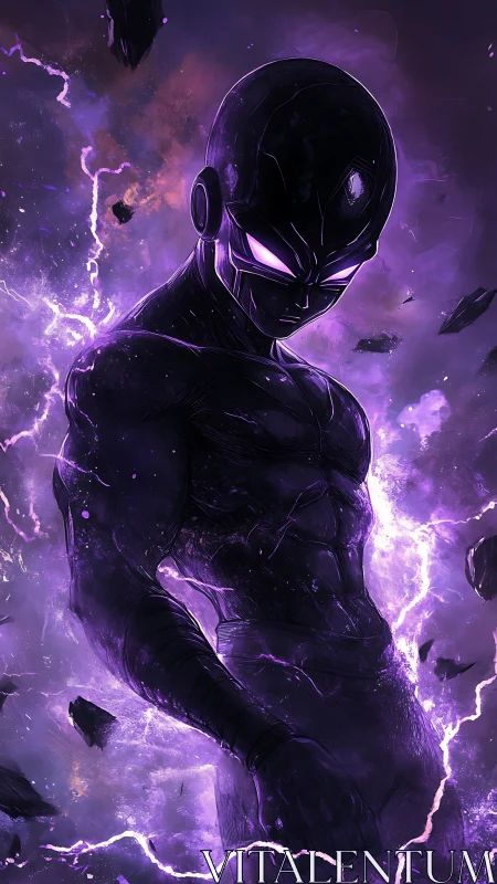 Shadowed cosmic warrior with intense violet energy aura.