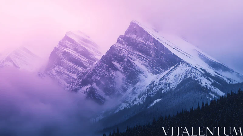 Snow covered mountain ridge in dense pink atmospheric haze.