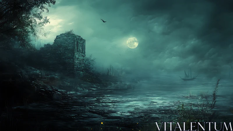 Lunar-illuminated ruin beside mist-laden littoral waterscape.