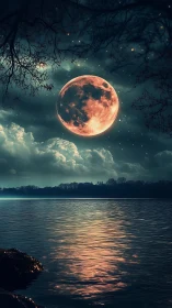 Large orange moon is reflected across a still lake