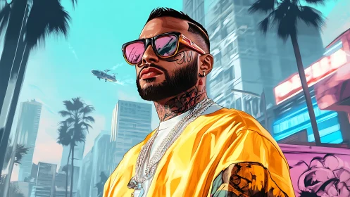 Sunlit urban portrait in neon-tinted downtown skyline.