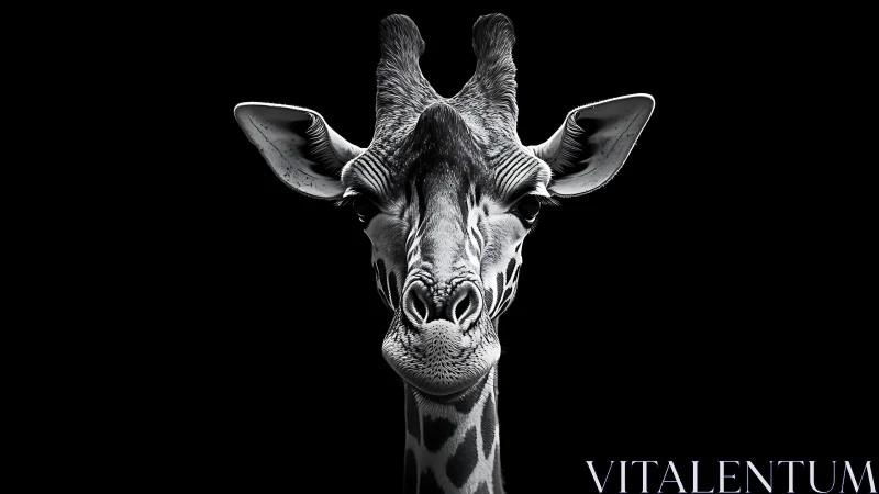 Monochrome frontal portrait of giraffe on black background.