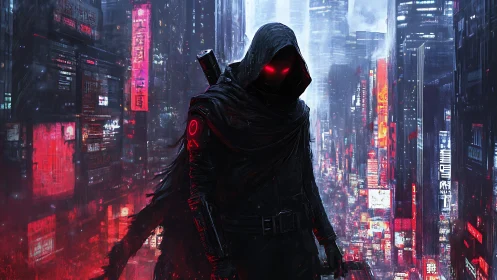 Cyberpunk hooded assassin over neon city skyline.