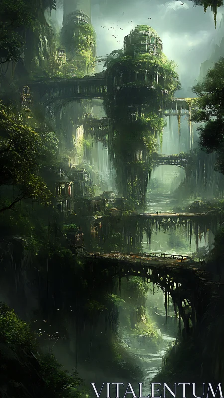 Verdant sky-bridges cradle a misty hidden jungle city