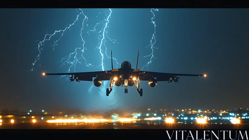 Night sortie ascent against electric storm backdrop, photorealistic.