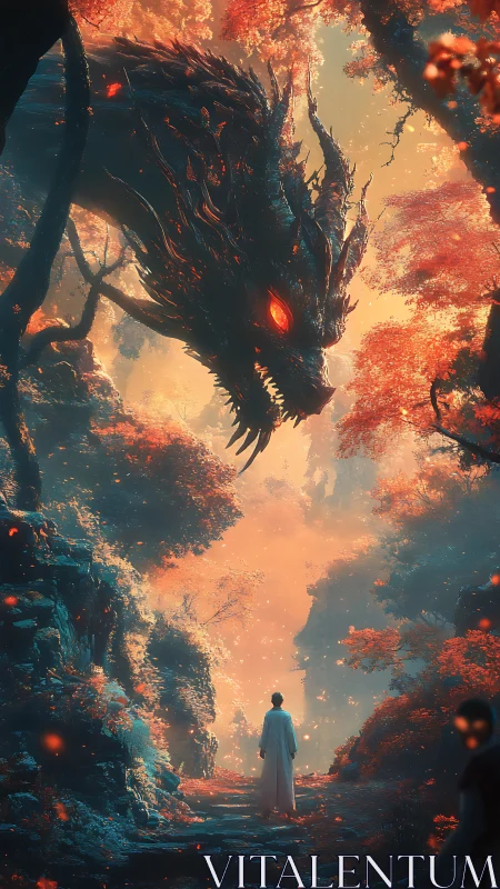 Mystic wanderer faces a fiery-eyed dragon in autumn veil
