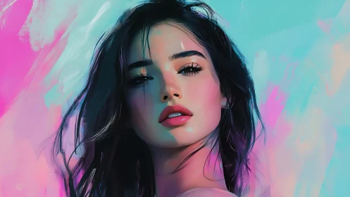 Digital portrait depicts woman against gradient teal pink field