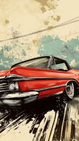 Red vintage muscle car illustration with dynamic motion.