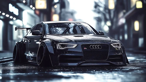 Midnight city streets welcome a rain-slicked tuner Audi.