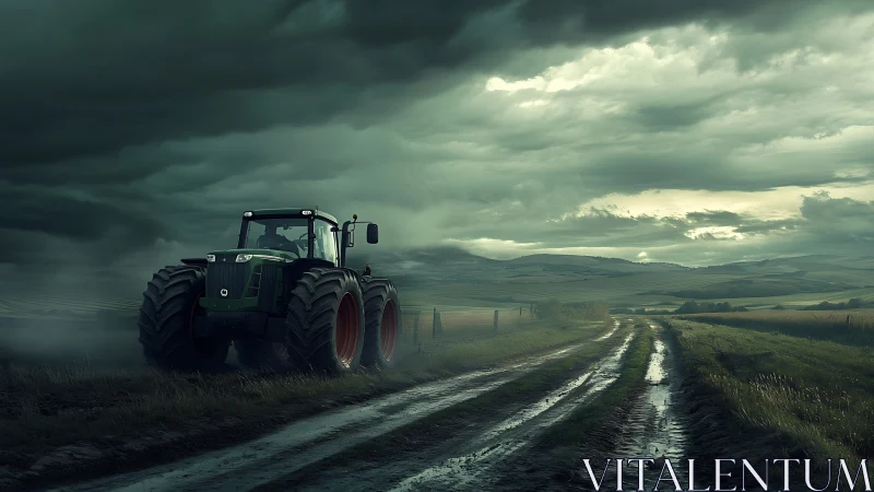 Storm-lit agricultural tractor on saturated rural trackway.