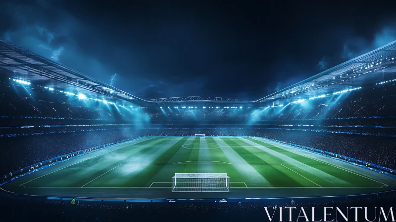 Midnight floodlights cradle a pristine, expectant pitch