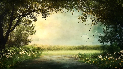 Sunlit forest path opens onto a tranquil, misty meadow