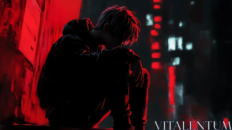 Figure sits against red wall in dark urban digital scene