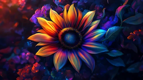 Neon Sunflower. Vibrant Digital Bloom Against Dark Cosmos.