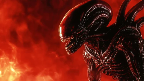 Nightmarish xenomorph stalks through blazing red inferno.