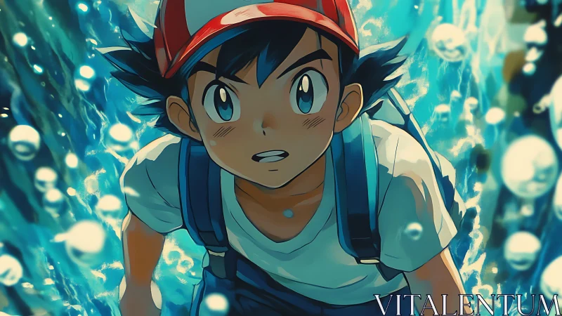 Dynamic anime boy in water vortex with high-energy motion blur