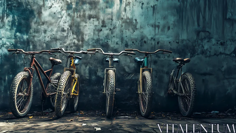 Five Well-Used Bicycles Lean Together Against a Weathered Teal Wall