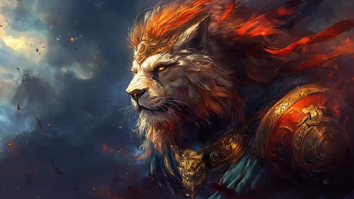 Armored lion warlord with flaming mane rendered in dynamic strokes