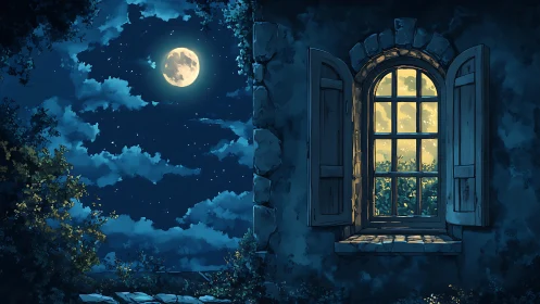 Moonlit stone cottage window glows with warm interior light