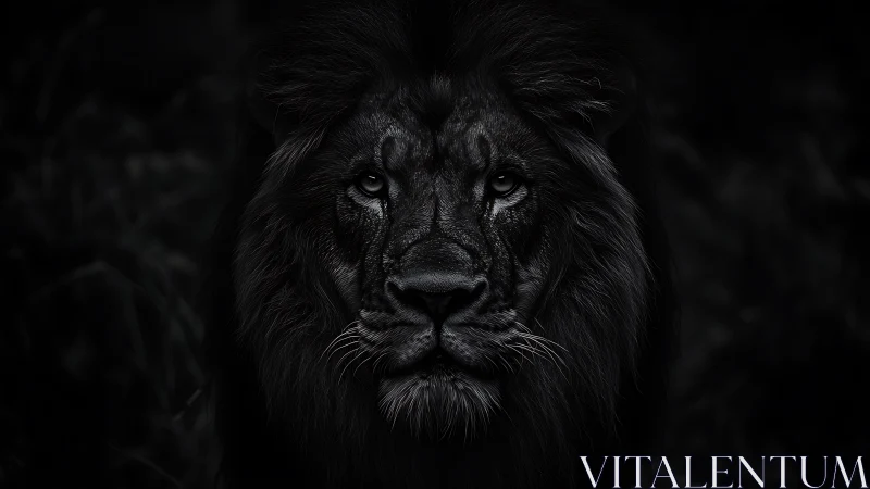 Low key monochrome lion portrait with dramatic contrast.