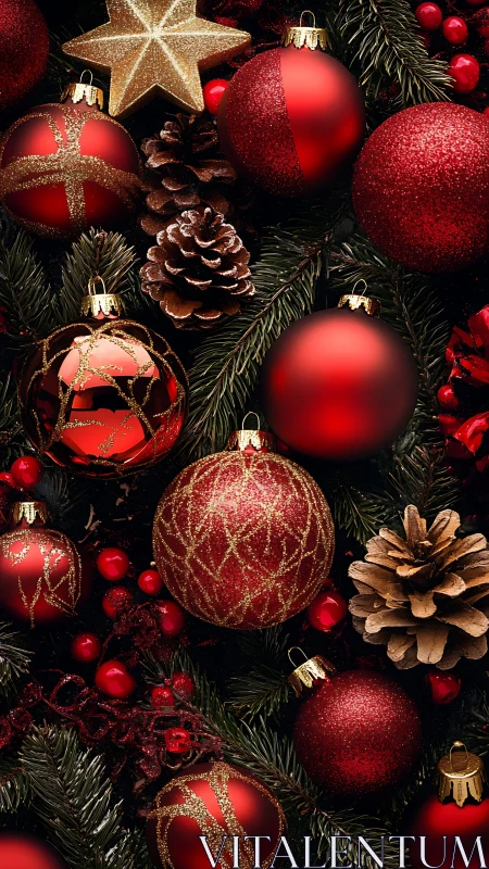 Red ornaments and pinecones create rich Christmas texture.