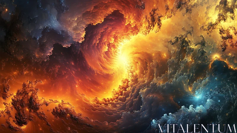 Cosmic firestorm vortex within nebular fractal clouds.
