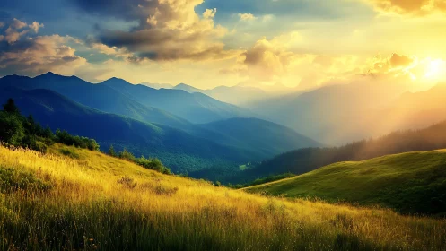 Golden mountain meadow catches low sun over blue ridges