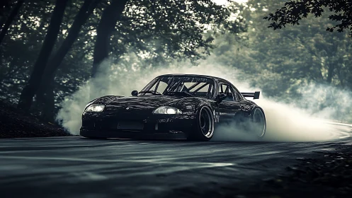 Midnight drift machine carving smoke through forest curves.