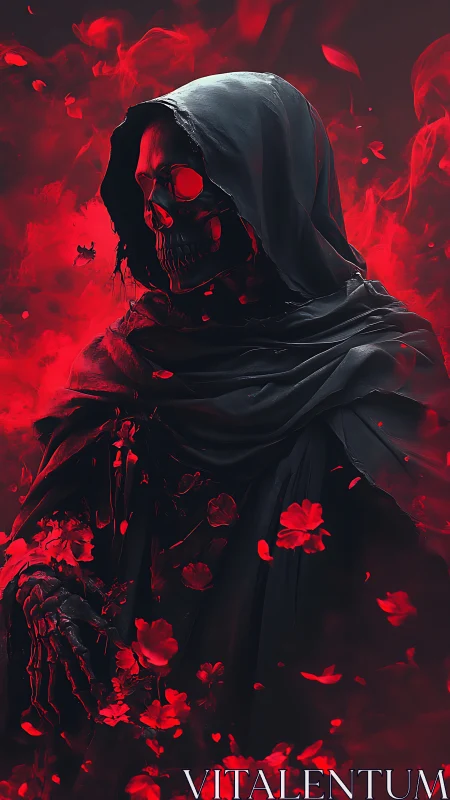Hooded skeletal figure in red smoke and falling petals.
