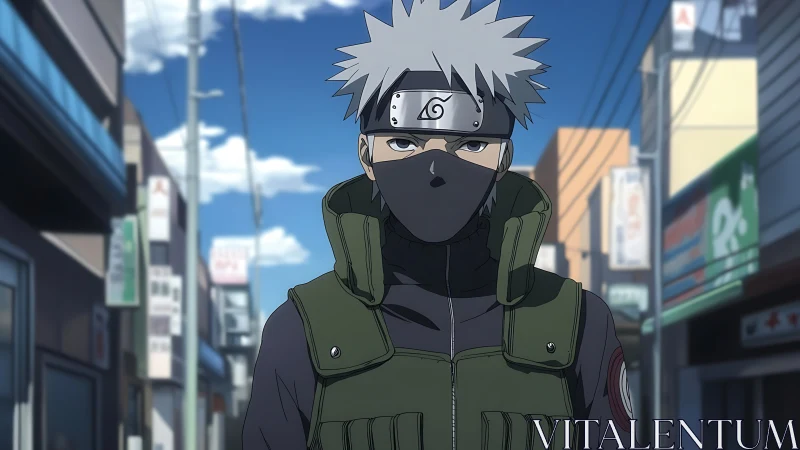 Masked silver-haired ninja strolls through modern city street.
