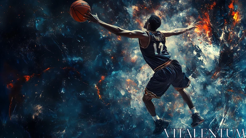 Basketball player soars through cosmic energy in mid-dunk.