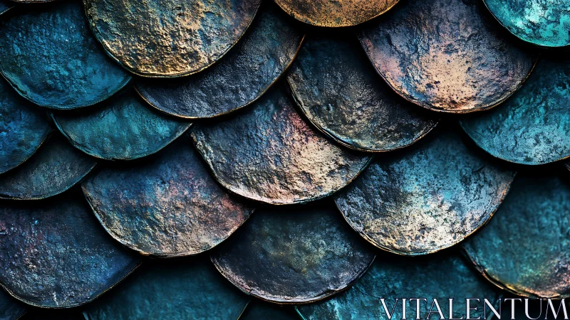 Iridescent metallic scale tiles with overlapping patinated surfaces