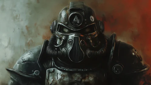 Steel-clad sentinel studies the ruins through dim visor light