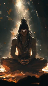 Seated figure in meditative posture under focused vertical light