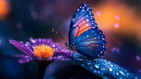 Iridescent blue butterfly on dew covered flower in bokeh light