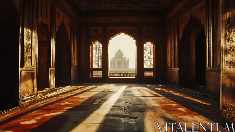 Interior corridor frames sunlit domed monument at sunrise