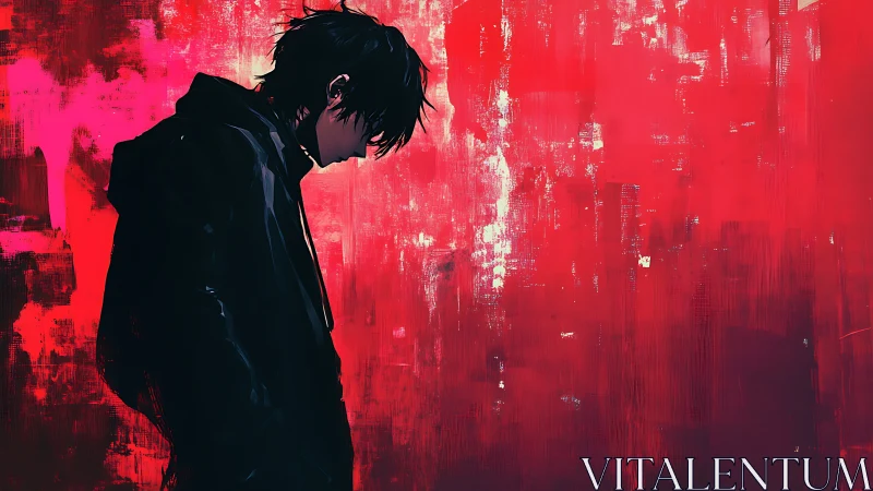 Profile silhouette of hooded youth against textured red field