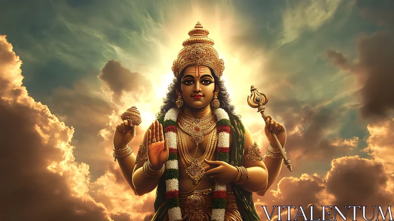 Sunlit goddess rises through stormlit clouds in golden calm