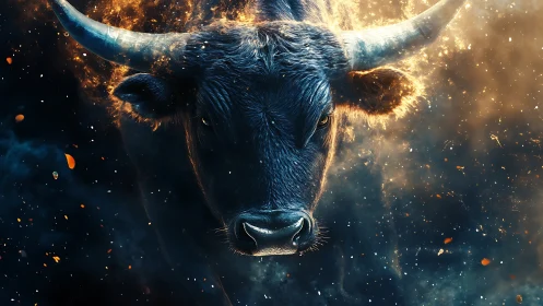 Fiery bull portrait emerges from nebular smoke with dynamic lighting