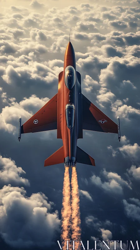 Red jet climbs through golden cloud deck at full thrust.