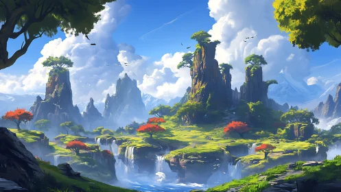 Fantasy mountain terraces with waterfalls under dramatic clouds