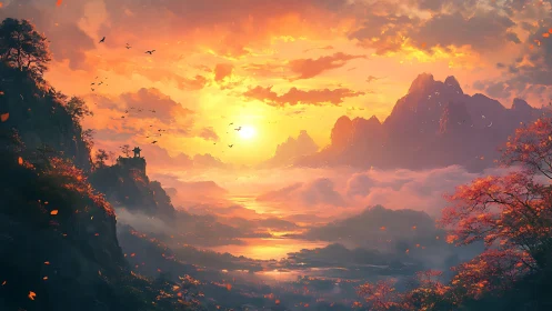 Sunlit mountain valley glows above drifting autumn mist