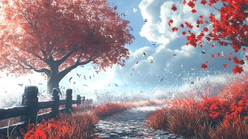 Crimson autumn path welcomes gentle breezes and drifting leaves