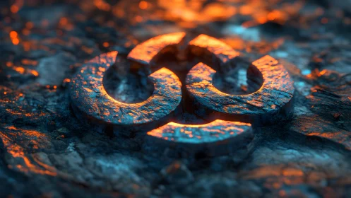 Metallic abstract symbol on textured stone with glowing orange light.