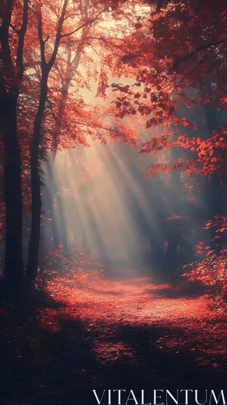 Autumn's Golden Path Through Misty Red Woods