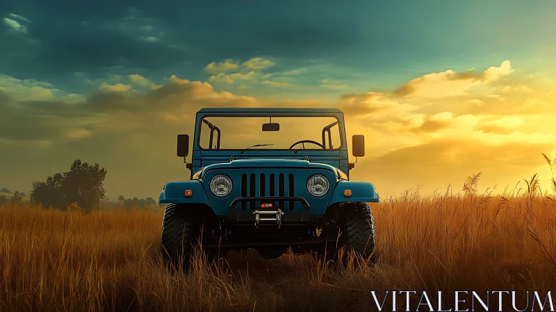 Blue off-road jeep in golden field at dramatic sunset.